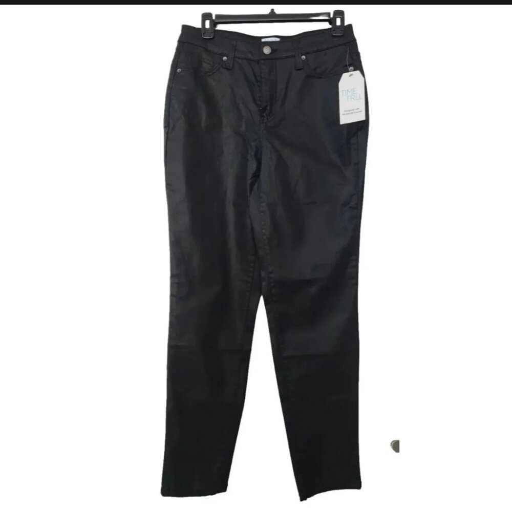 Womens Time and Tru Black Coated Leather Look Skinny Pants Size 4, NEW